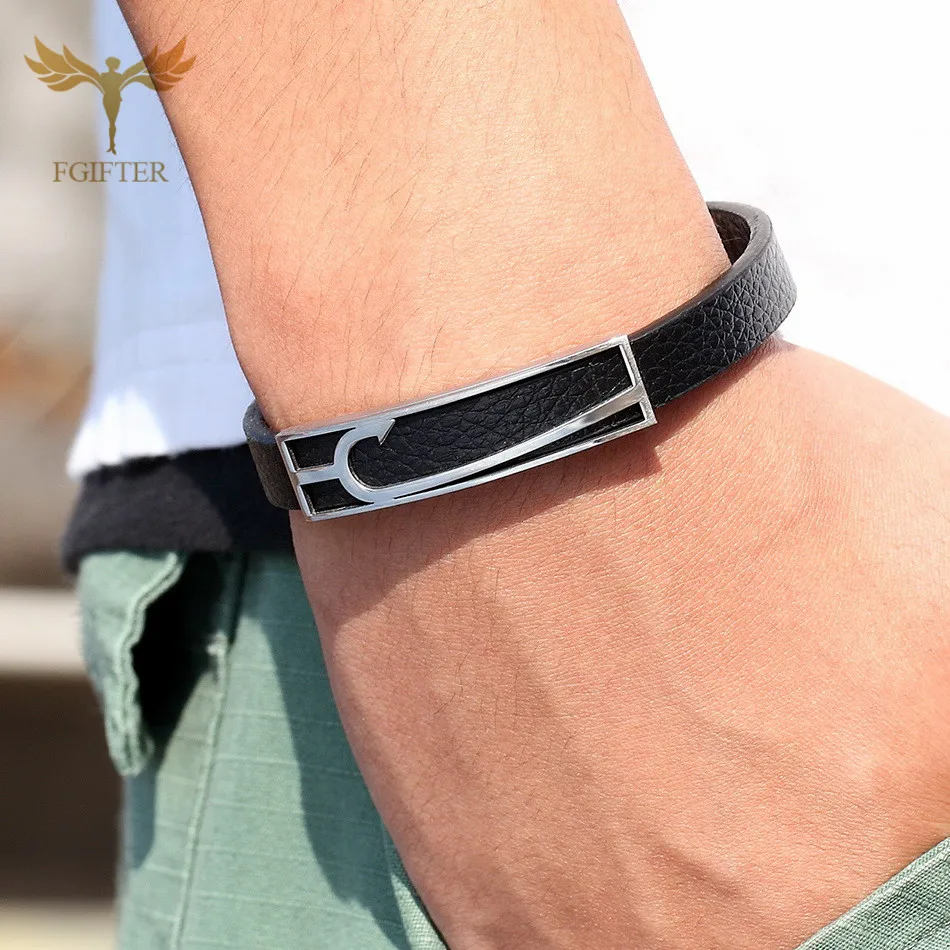 New Hot Selling Casual Jewelry Nautical Anchor Fish Hook Bracelet Stainless Steel Leather Cuff Bracelet Woman Men's Accessories