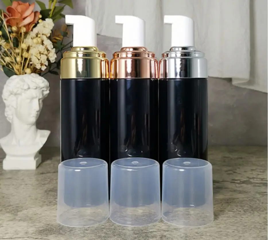 100ML/120ML/150ML/200ML black plastic bottle gold silver foaming facial mousse cleanser hand cleaning soap skin care  packing