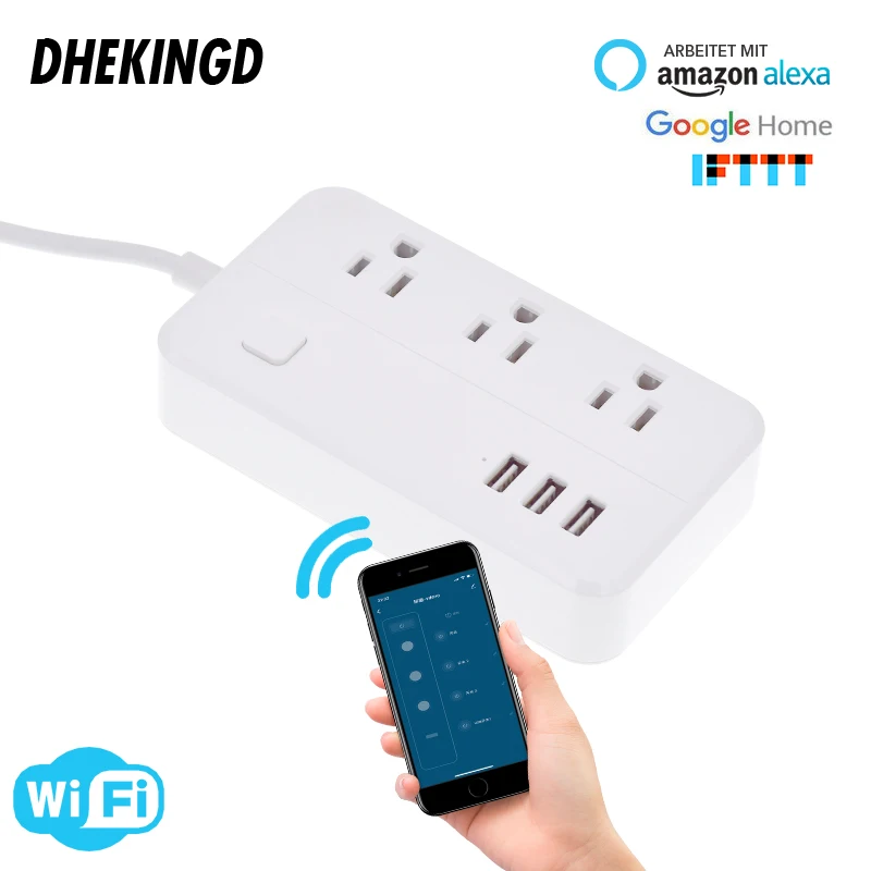 wifi Smart Power Strip  3US plug Overload Switch Surge Protector 3USB Charger  Google Home Alexa 1.25m 15A wifi socket