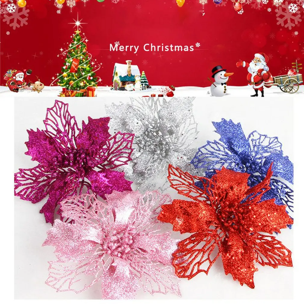 Conjunto de 6 piezas de adornos de flores huecas de Navidad, accesorios florales de purpurina, Corona de Navidad, decoraciones de árbol para fiesta, hogar y boda