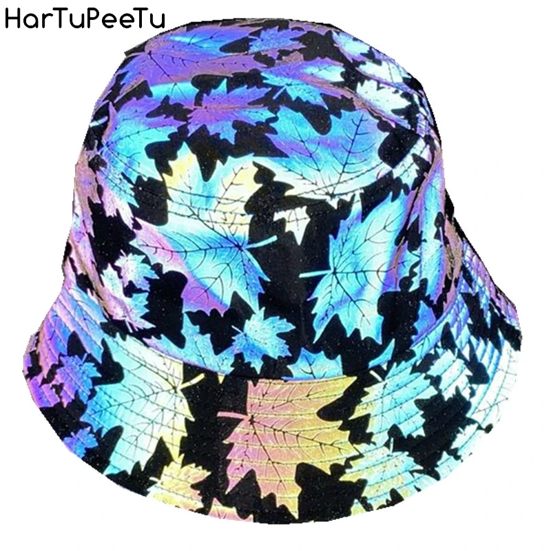 Women Rainbow Bucket Hat Maple Leaf Reflective Light Unisex Club Disco Hip Hop Hat Street Headwear Wide Brim Fisherman Cap