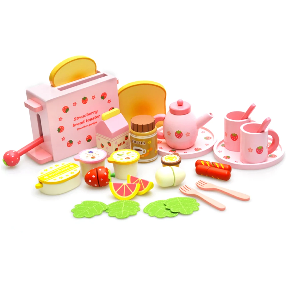 

Complete Set Of Wooden Bread Machine Kitchen Toys With Cute Dishes And Spoons Tea Set Milk And Fruits Model For Infants And Chil