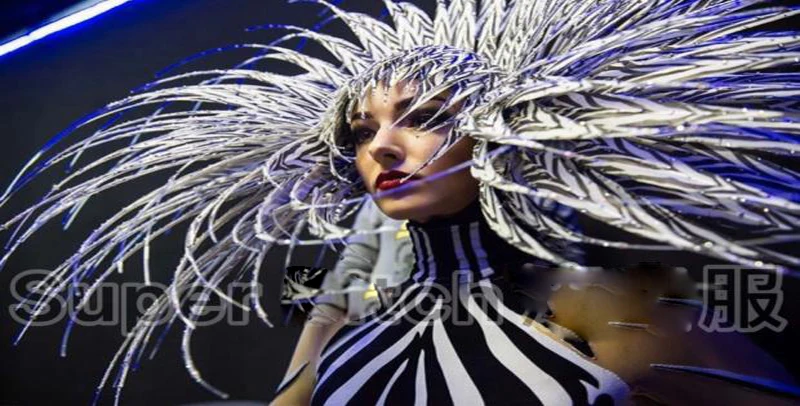 cool headdress dance show New customized zebra pantern stage costume party nightclub technology bodysuit