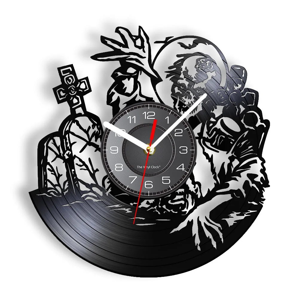 Halloween Horror Zombie Wall Clock Made Of Real Vinyl Record Haunted Tomb Dead Scary Home Decor Silhouette Silent Wall Clock