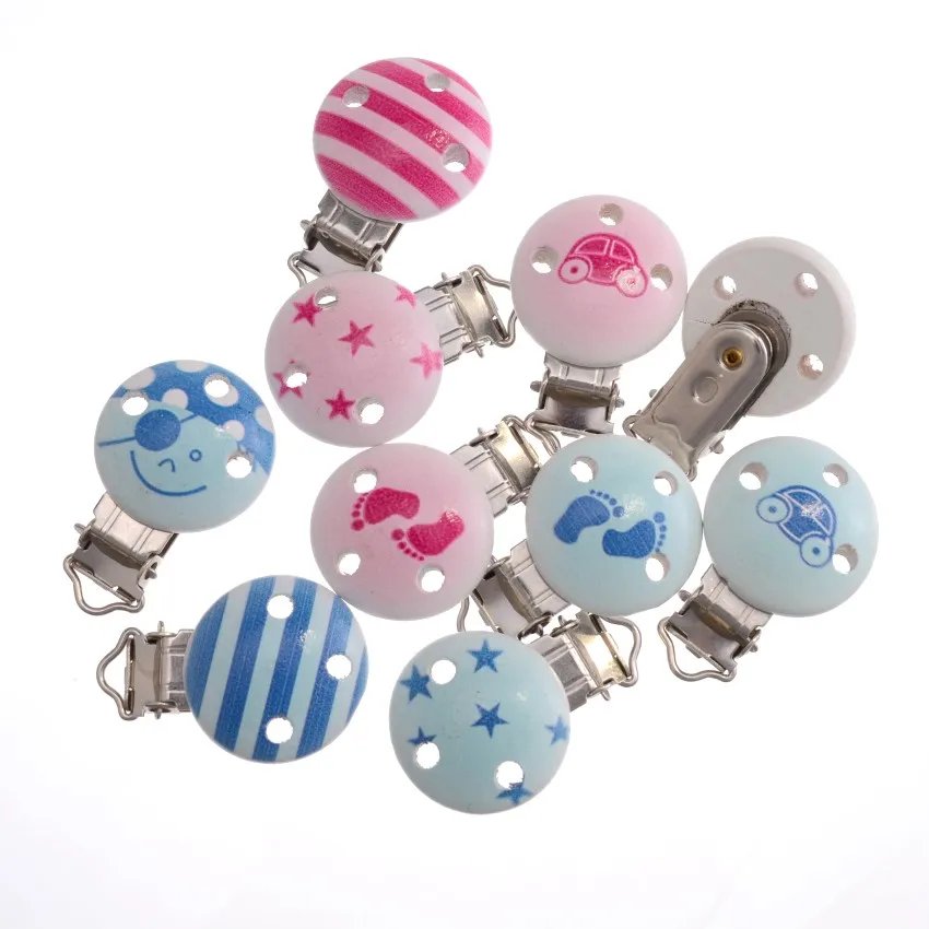 5PCs Baby Pacifier Clips Blue Star print Wood Metal Holders Cute Infant Soother Clasps Funny Accessories 4.8x2.9cm