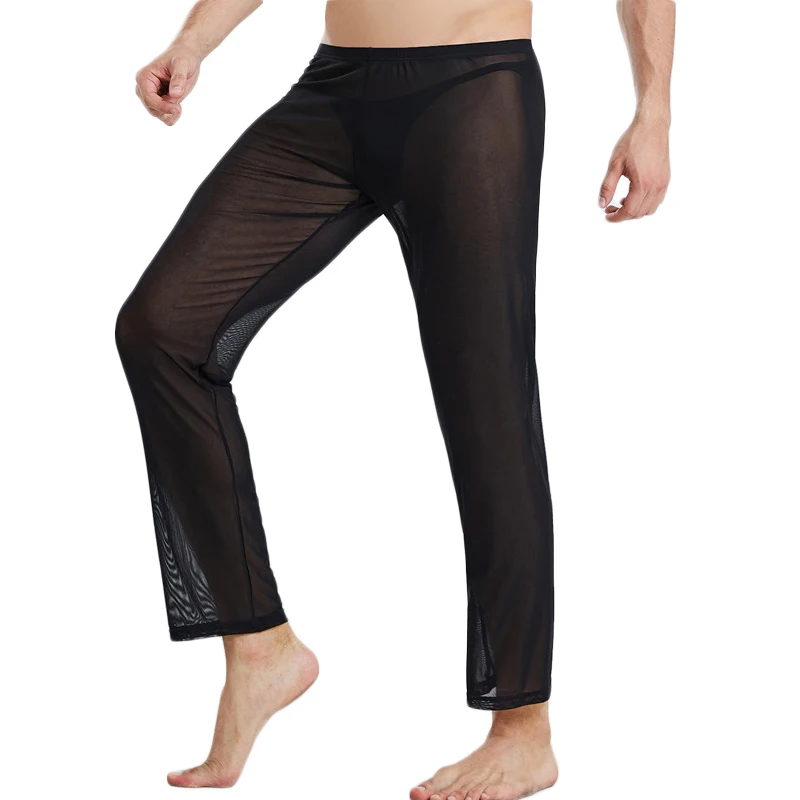 Pantalon de pyjama en maille respirante pour homme, bas de nuit Long, Sexy, décontracté, transparent