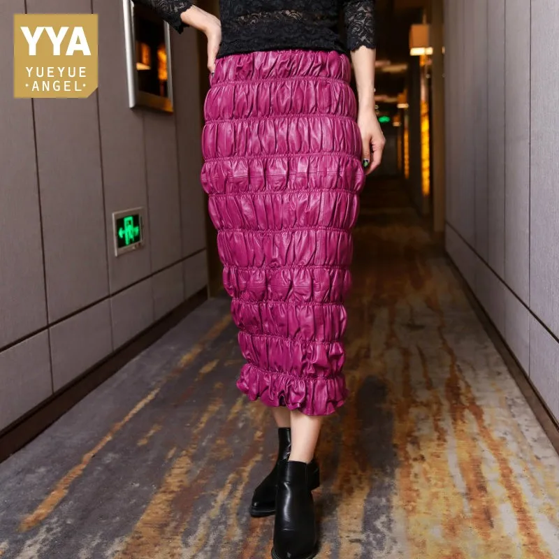 

Streetwear Women Wrap Mid-Calf Skirts Slim Purple Sheepskin Elastic High Waist Skirt Autumn Winter Office Lady Pleated Skirt