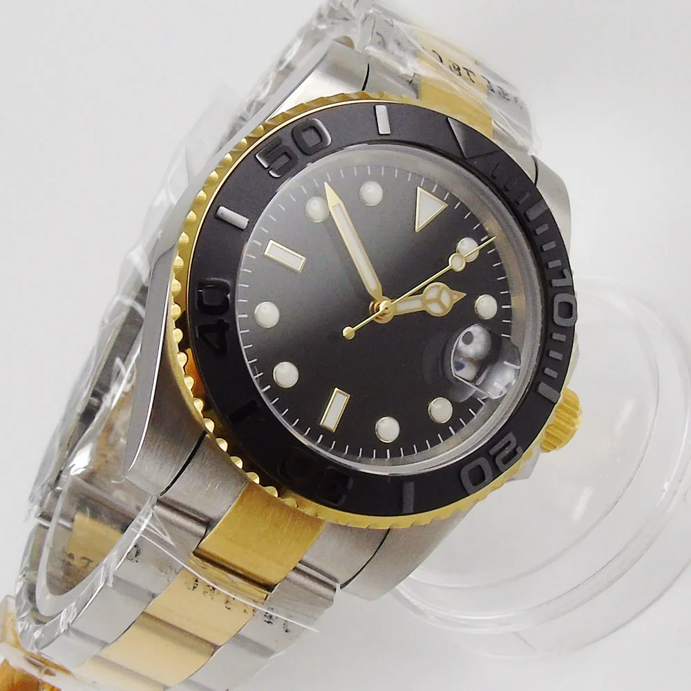 Gold Coated NH35 40mm Sterile Mechanical Men Watch Two Tone Bracelet Brushed Ceramic Bezel Insert 24 Jewels Screw Back