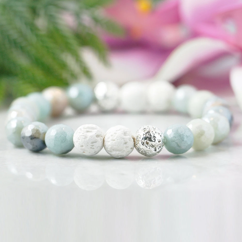 

MG0955 8 mm Faced Amazonite Essential Oil Diffuser Bracelet Anxiety Relief Lava Stone Bracelet Womens Yoga Wrist Mala Jewelry