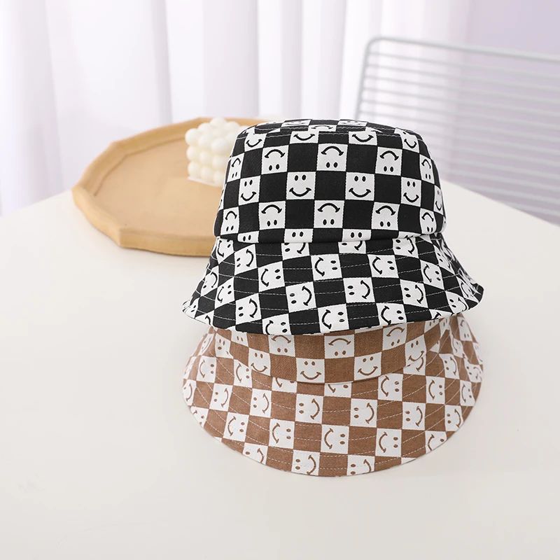 Doitbest Spring 2022 Autumn baby kids Bucket Hats Cotton Checkerboard smile Sun Cap Boy Girls Outdoor Beach Fisherman Hat