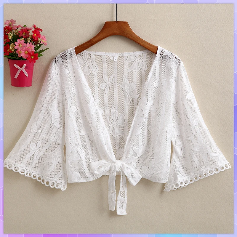 Sexy Floral Bikini Swimsuit Cover Up Summer Lady Beach Cover Up Strap Skirt Shawl Sun-Proof Cardigan Jacket Thin Lace Crop Top