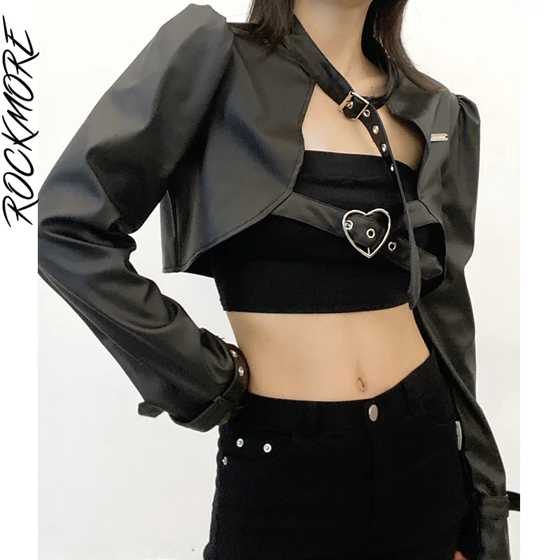 Rockmore PU Leather Jacket Women Punk Style Streetwear Black Metal Buckle Coats Gothic Overcoat Crop Top Hippie Outfits Techwear