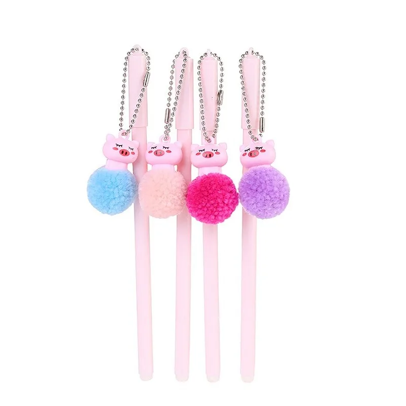 20 PCs Furry Ball Pink Pig Pendant Gel Pens Cute Student neutral Pen Cartoon Office Stationery Black Signature Pen Wholesale