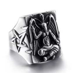 Elfasio Stainless Steel Ring for Men Satanic Baphomet Goat Satan Demon Devil Leviathan Cross Pentagram Rings Symbol Vintage