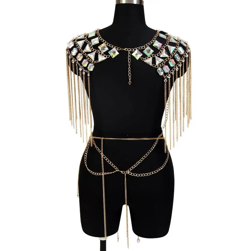 Body Chain Harness Shoulder Epaulette Crystal Jewelry Chest Belt Waist Skirt Sequins Top Set Plus Size Party Dance Rave Wear