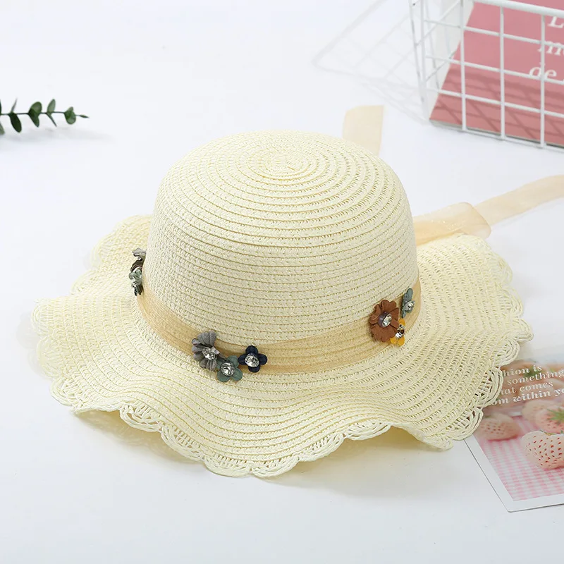 Korean bow wave edge Beach Hat Flower shade big edge straw hat children's straw hat