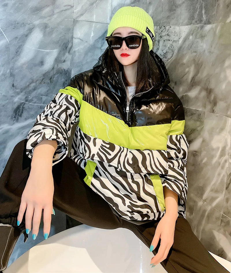 Parka Women Winter Down Jacket Stilysh Zebra Pattern Printed Jackets Coats Women Long Hooded Outwear Thick Cotton-padded Coats