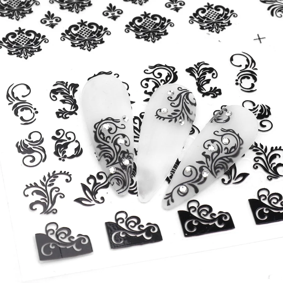 12PCS / Set Black Nail Stickers Flower Leaf Necklace 3D Sliders Decal Gel Polish Sticker DIY Design Manicure Tips