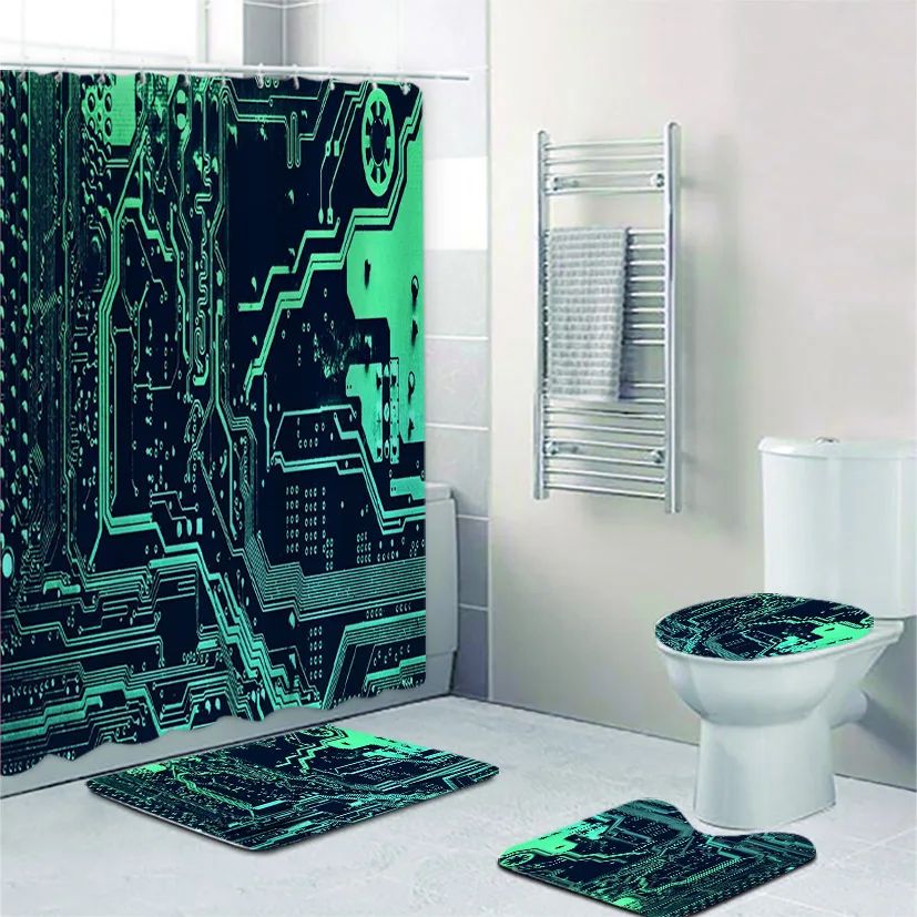 Close Up of Green Computer Circuit Board Technology Bathroom Curtains Set Modern Engineering Engineer Shower Curtain Bath Rugs