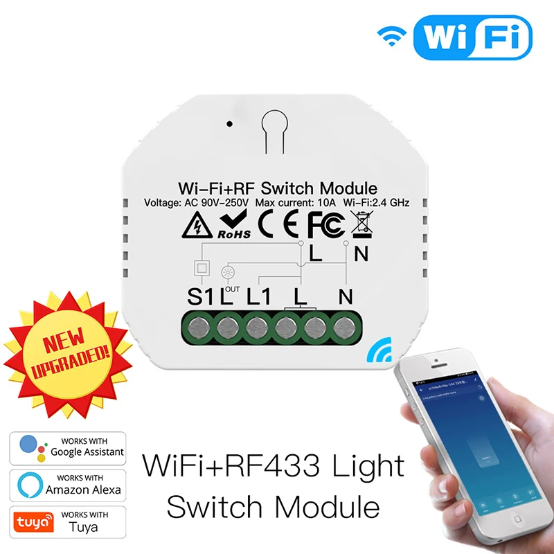 

WiFi RF433 Smart Relay Switch Module Smart Life/Tuya App Control Work With Alexa Google Home APP Voice Control 1 Gang 1/2 Way