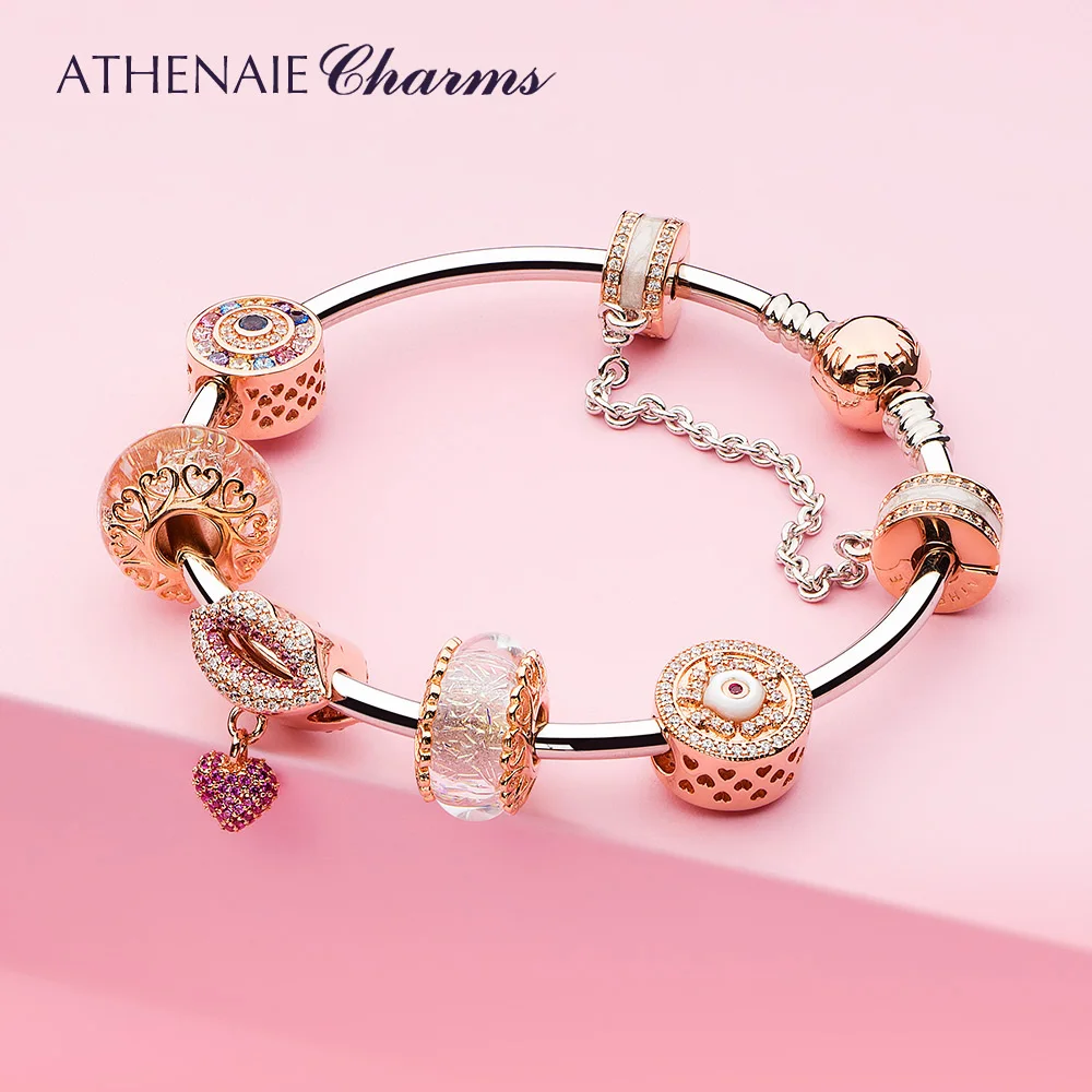 ATHENAIE 925 Sterling Silver Bangle With Silver Alloy Charms True Love Kiss Lips Beads Bracelet Jewerly Valentine Day Gift