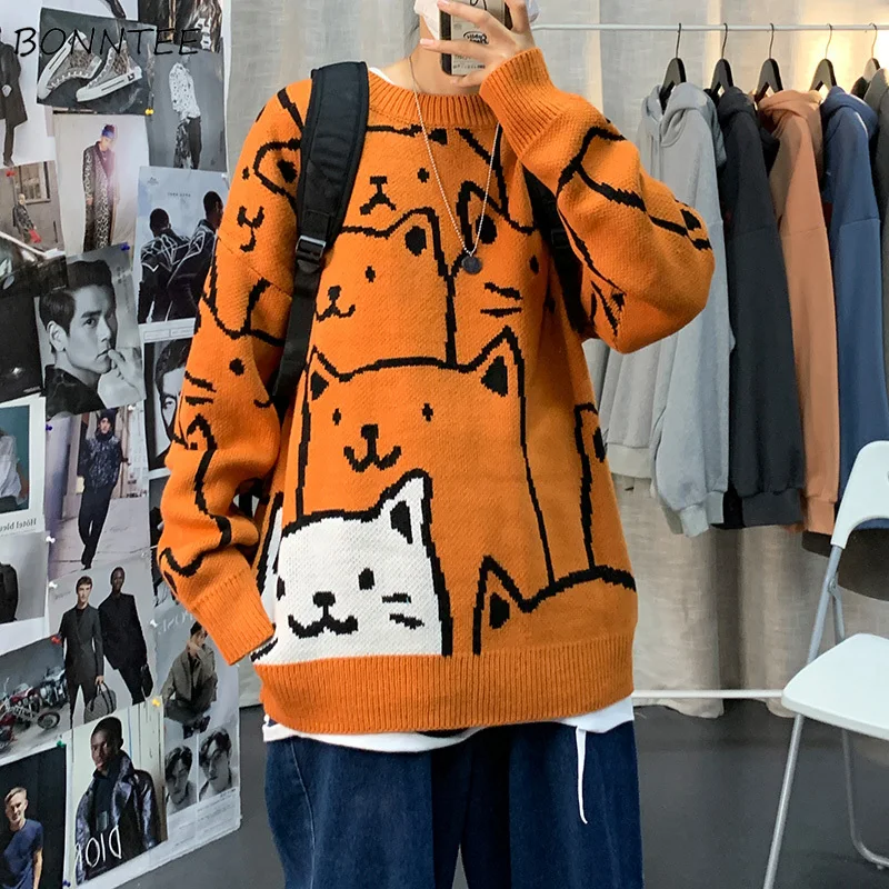 Designed Printed Pullovers Men Kawaii Pattern All-match Oversize Korean Stylish Loose Warm Sweaters Teens Ins Fashion Leisure