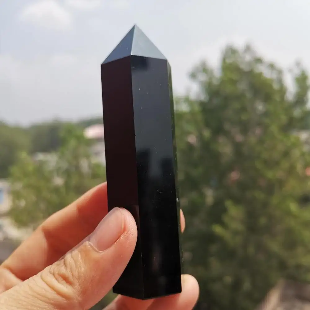 90-100mm Natural Black obsidian wand Healing Crystal Point 6 Faceted Reiki Chakra Stone