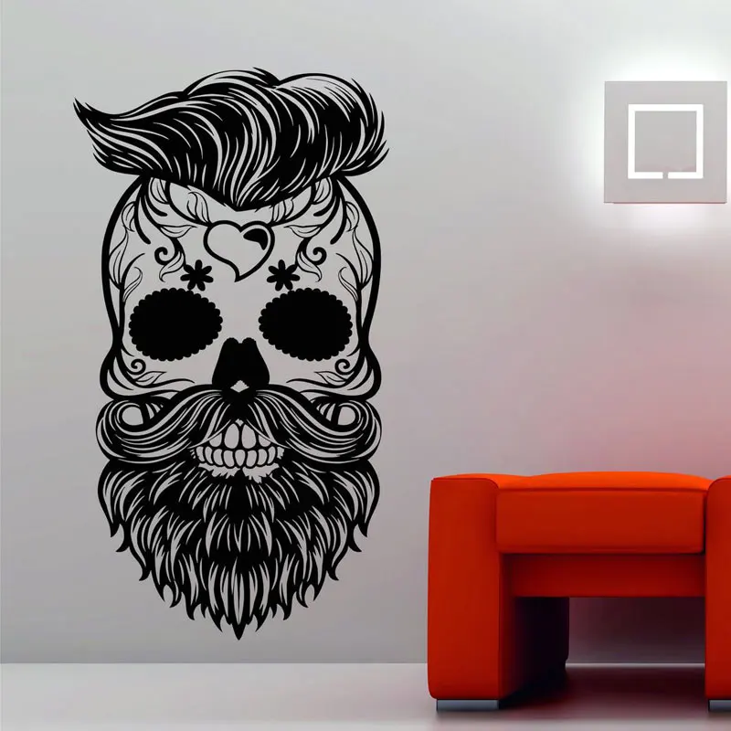 Fashion Hipster Candy Sugar Skull Man Tattoo Studio Wall Sticker  Hairstylist Beard Barbershop Decor Decals Removable Mural 4736