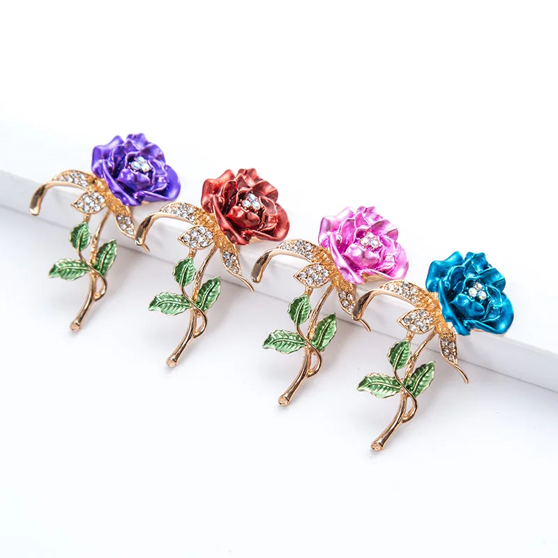 

50 pcs 4 color Romantic Valentire's Day Present Rose Flower Rhinestone Crystal Brooch Pin Jewelry For Lover