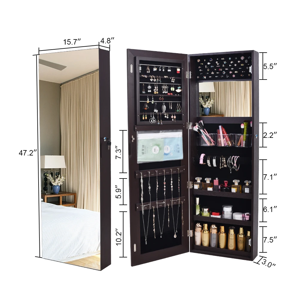 US Warehouse Retro PVC Wood Grain Coating Whole Body Mirror Decoration Storage Dressing Mirror Jewelry Mirror Cabinet Brown