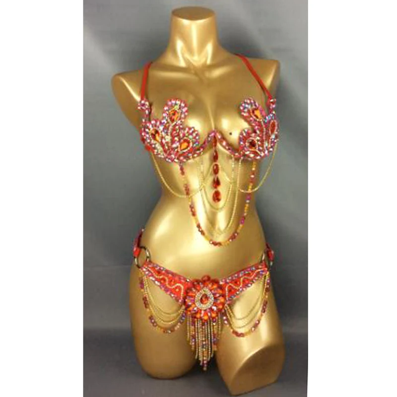 Soutien-gorge et ceinture à fil pour carnaval Samba, pierres arc-en-ciel, livraison gratuite, rouge CB010, 2 pièces/ensemble