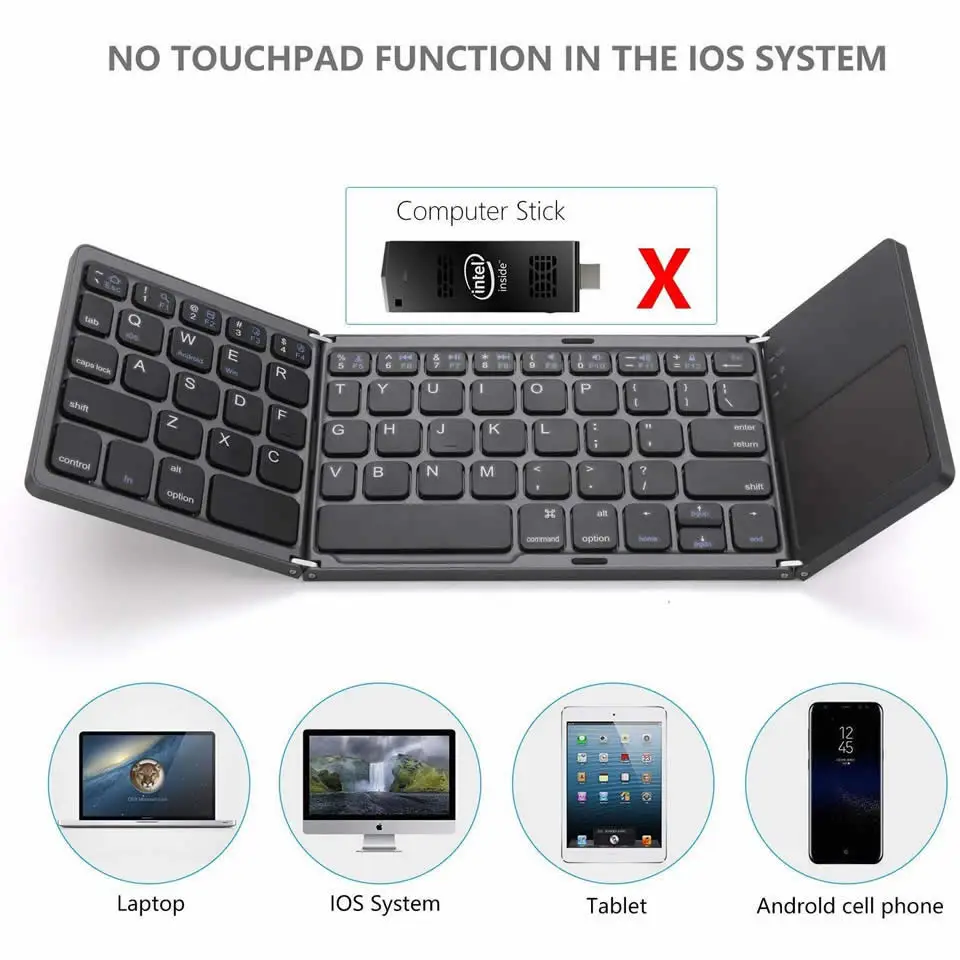 OUTMIX New Portable Mini Three Folding Bluetooth Keyboard Wireless Foldable Touchpad Keypad for IOS Android Windows ipad Tablet