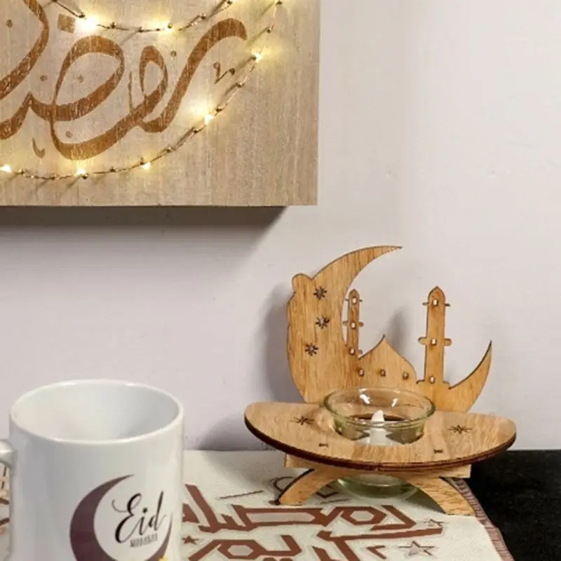 2022 New DIY Wood Eid Mubarak Moon LED Candlestick Light Wooden Decoration Ramadan Home