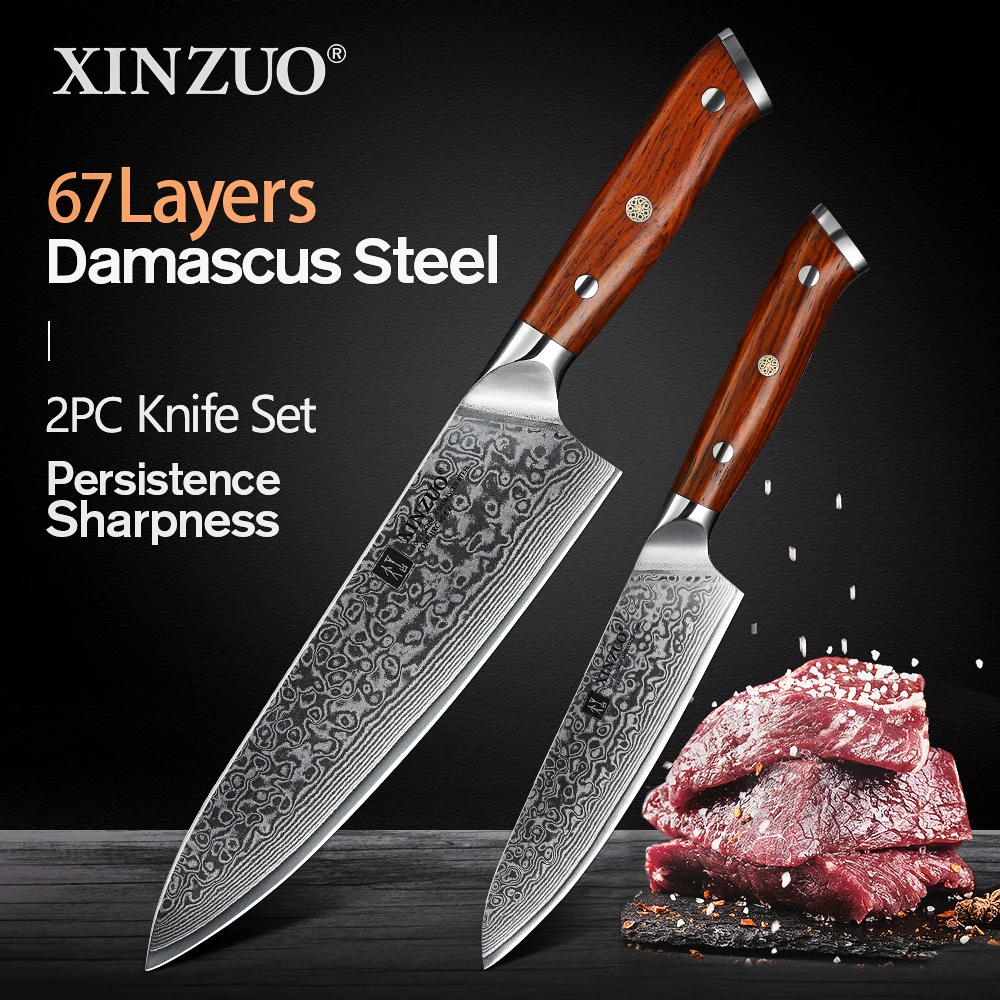 XINZUO 2 sztuk zestaw nóż szefa kuchni Damascus Steel Chef Cutter Utility noże sztućce kuchenne ze stali nierdzewnej uchwyt z palisandru