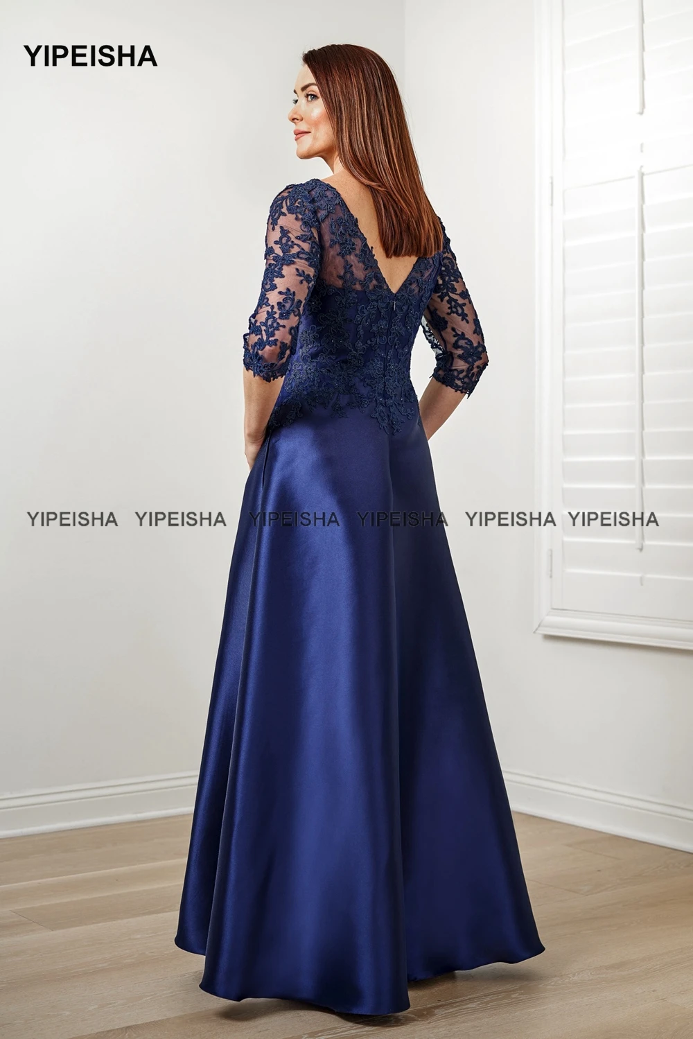 Yipeisha V-neck Mother of Bride Dress Three Quarter Sleeves Formal Lace Evening Gown for Mom Robe de Soiree Longue Plus Size