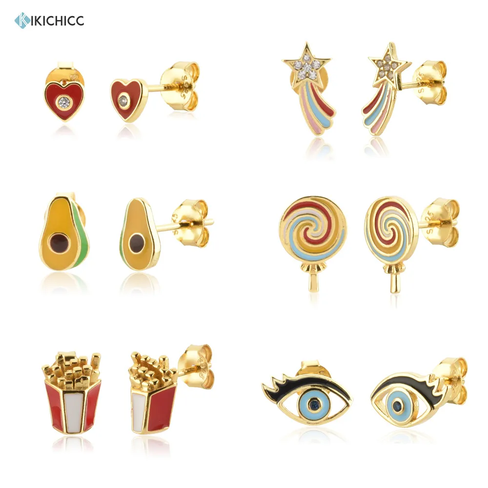 KIKICHICC 925 Sterling Silver Gold Avocado Lollipop Stud Earring Piercing Potato Chips Pendientes Fine Jewelry Rainbow Star Eye