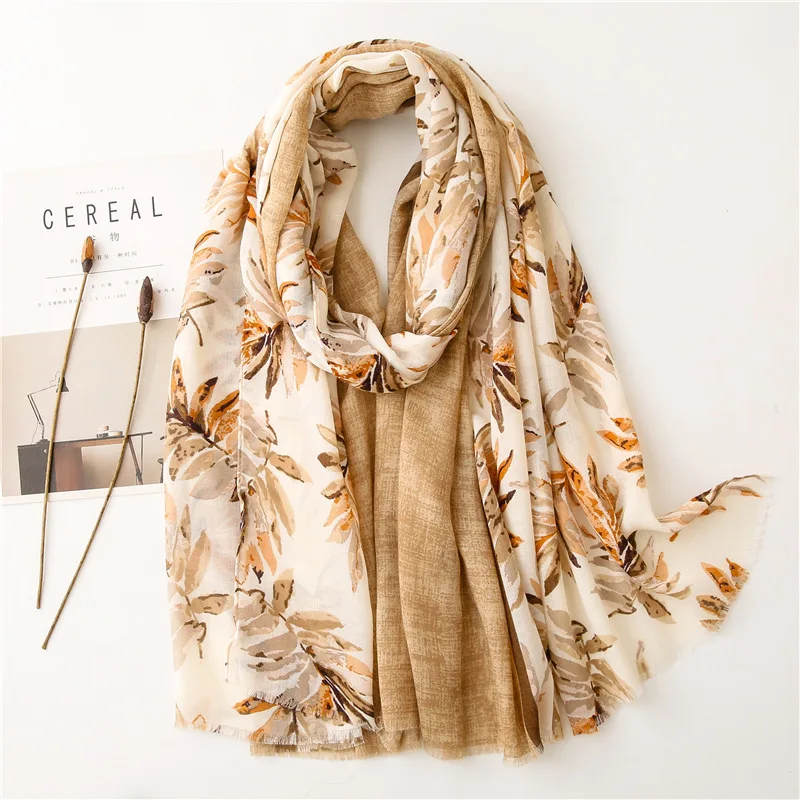 2021 New Ombre Leaf Print Fringe Scarf Shawls Cotton Soft Leaves Pattern Wrap Head Hijab Cotton Scarves 2 Color