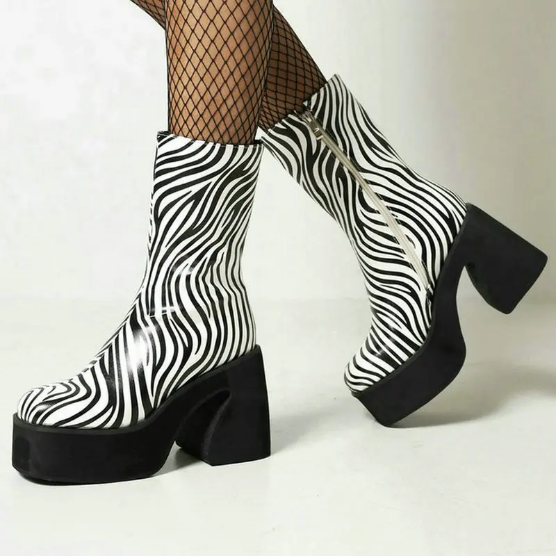 

2021 Women Ankle Boots Platform Square High Heel Ladies Motorcycle Boots PU Leather Round Toe Women's Boots Zebra Print Black