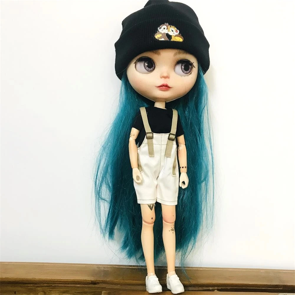 4PCS/Set Cool Blyth Clothes Short Overalls Black Knitted Hat Fashion Handbag for 1/6 Licca Dolls Accessories