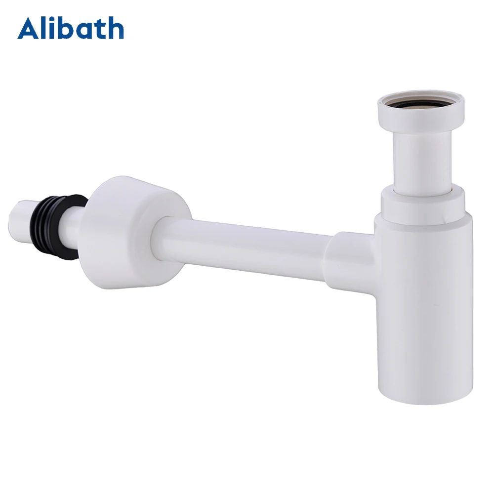 Bottle Trap Round Siphon ABS Plastic P-TRAP Bathroom Vanity Basin Pipe Waste White Pop Up Drain with Over Flow.