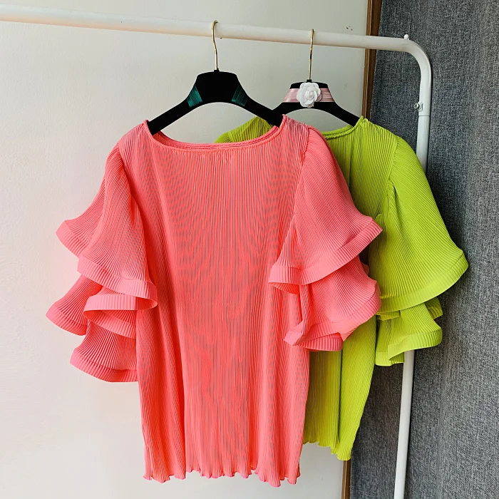 Women Summer Shirt Ins Design Butterfly Sleeve Loose Pleated Chiffon Female Soild Tops 2020 New Tide Blouse