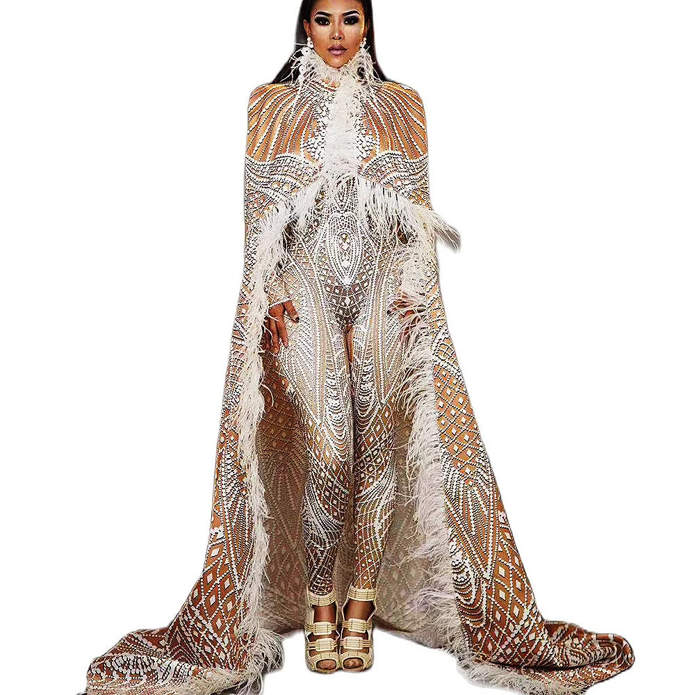 Snow Performance Costumes Sequins Rhinestones Jumpsuits Nightclub Bar Dance Show Wear Feathers Long Cloak Uniform Costumes