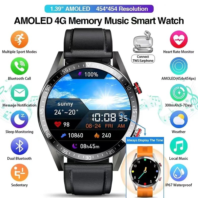 New 454*454 Screen Smart Watch Always Display The Time Bluetooth Call Local Music Smartwatch For Mens For Android TWS Earphones