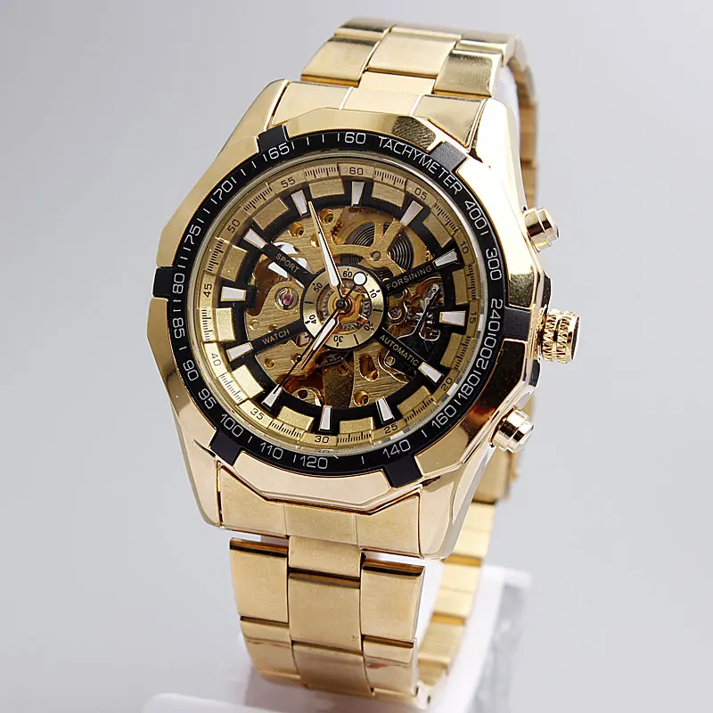 Gorben Zilver/Goud Roestvrij Staal Band Steampunk Casual Automatische Skelet Mechanische Horloges Mannen Mannelijke Polshorloge