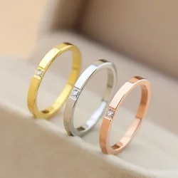 2mm Thin Stackable Ring Stainless Steel Single CZ Wedding Band for Women Girl Size 3-10