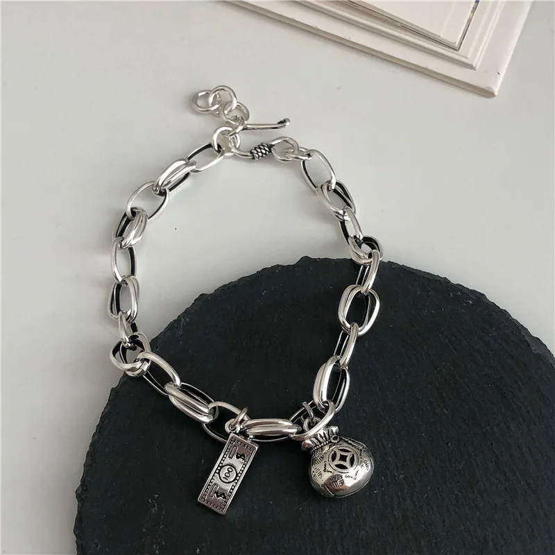 Korea S925 Sterling Silver Retro Do Old Dollar money Bag Chain Bracelet Female Personality Hip Hop Style For Women