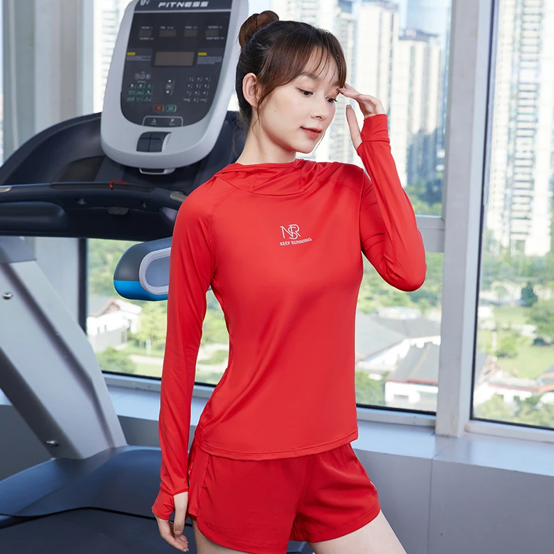 Hooded Training Running T-shirt Gym Female Breathable Quick-Dry Long Sleeved Loose Fitness Clothing Yoga shirt Top Women Tees