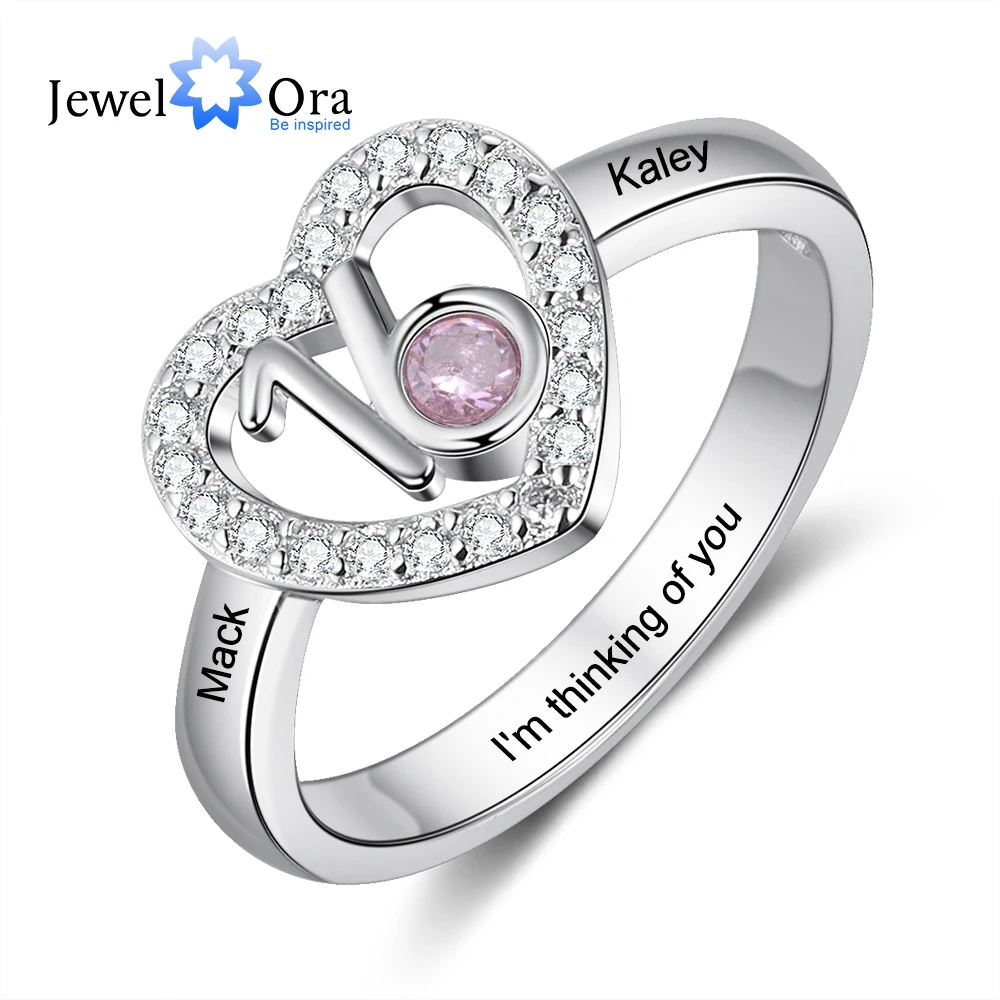 JewelOra Personalized Birthstone Heart Rings for Women Customized Engraved Name Ring with Zirconia 16 Years Old Birthday Gifts