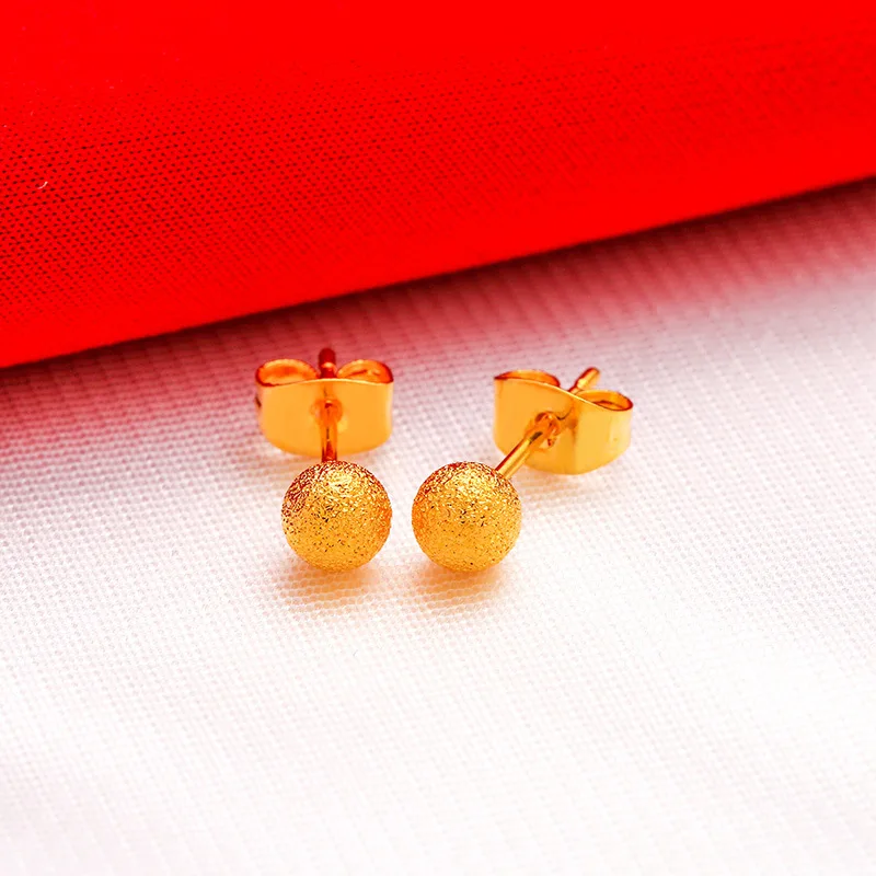 QEENKISS-pendientes de tuerca de oro 24KT para mujer, Bola de 4/5mm, pendientes mate, joyería de fiesta de boda, regalo al por mayor, Envío Gratis