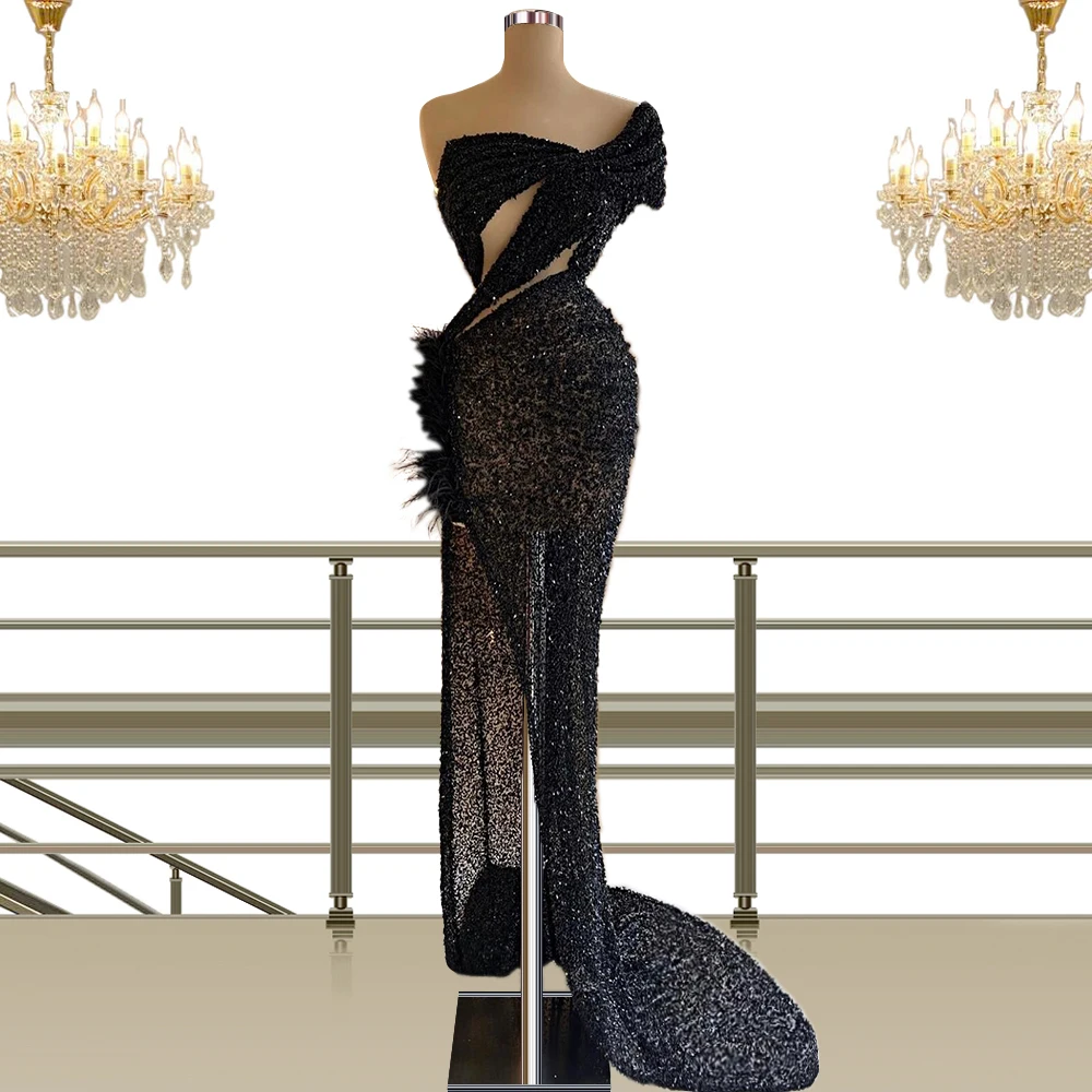 Black High Split Celebrity Dress Formal Gowns African Dubai Arabic Feather Party Gala Ceremony Dresses Gowns CXF287